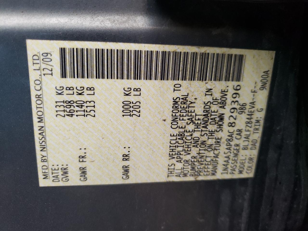 Photo 10 from auction – 2010 NISSAN MAXIMA S with VIN 1N4AA5AP8AC829396