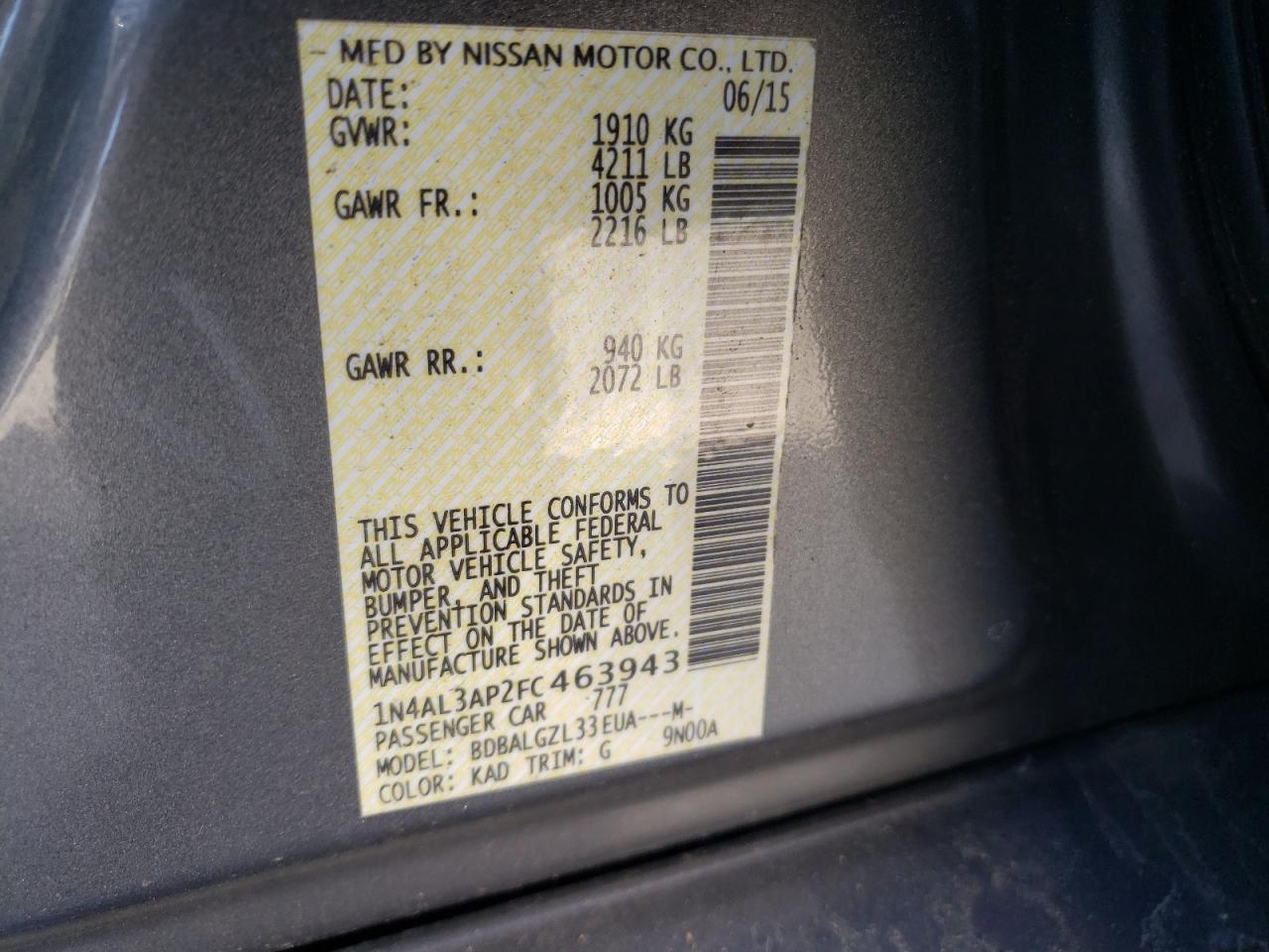 Photo 10 from auction – 2015 NISSAN ALTIMA 2.5 with VIN 1N4AL3AP2FC463943