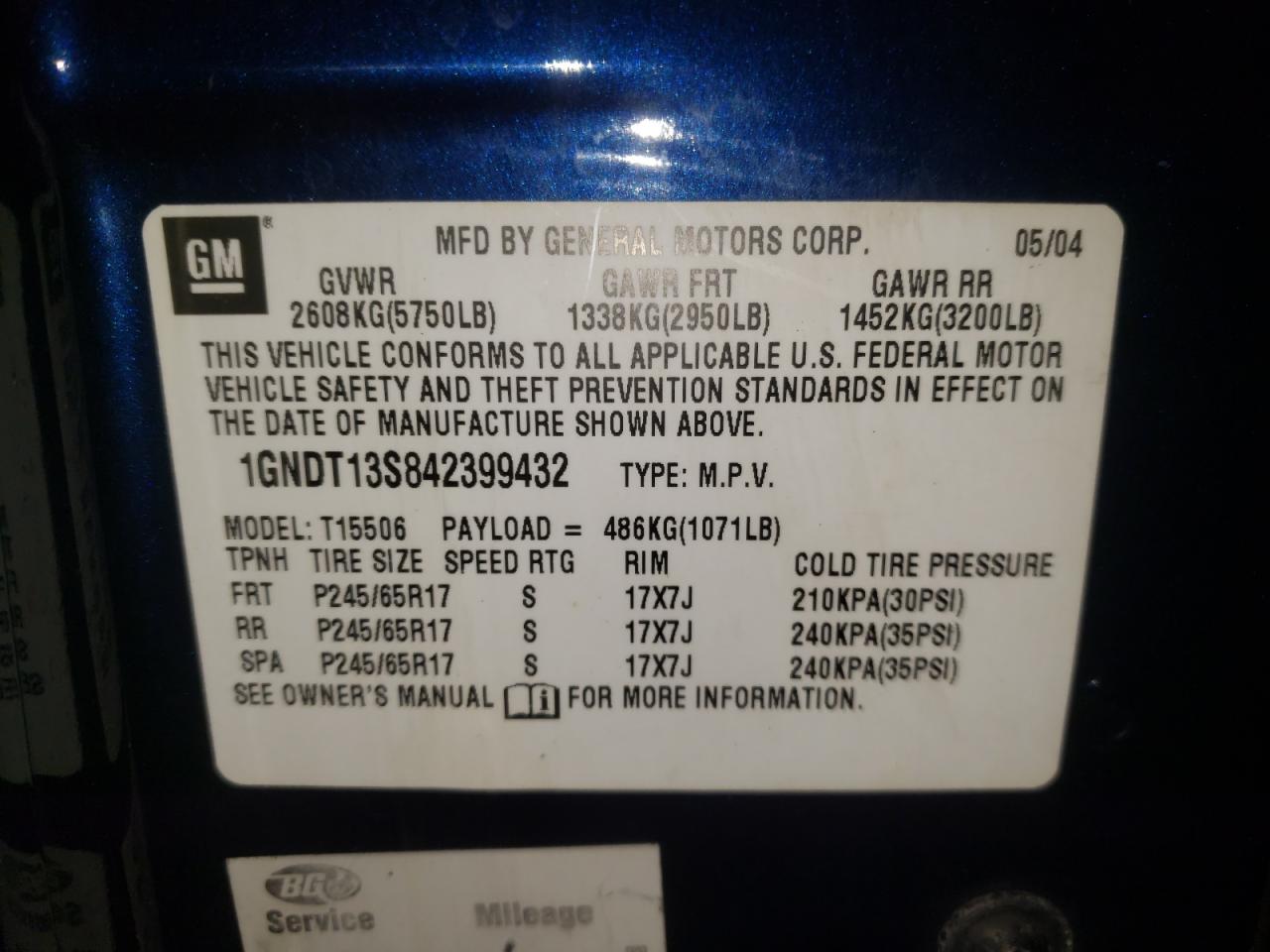 Photo 10 from auction – 2004 CHEVROLET TRAILBLAZE with VIN 1GNDT13S842399432