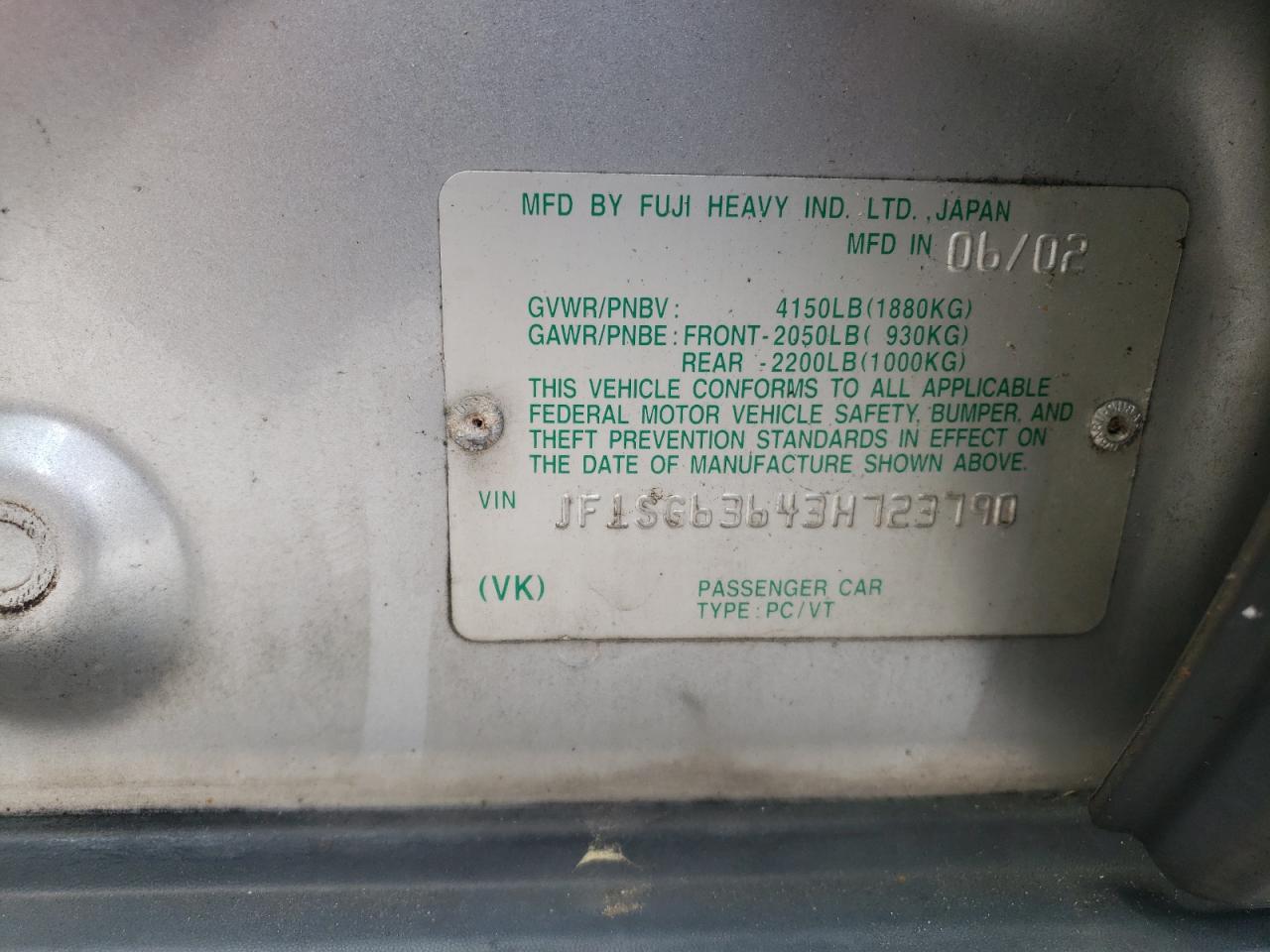 Photo 10 from auction – 2003 SUBARU FORESTER 2 with VIN JF1SG63643H723790