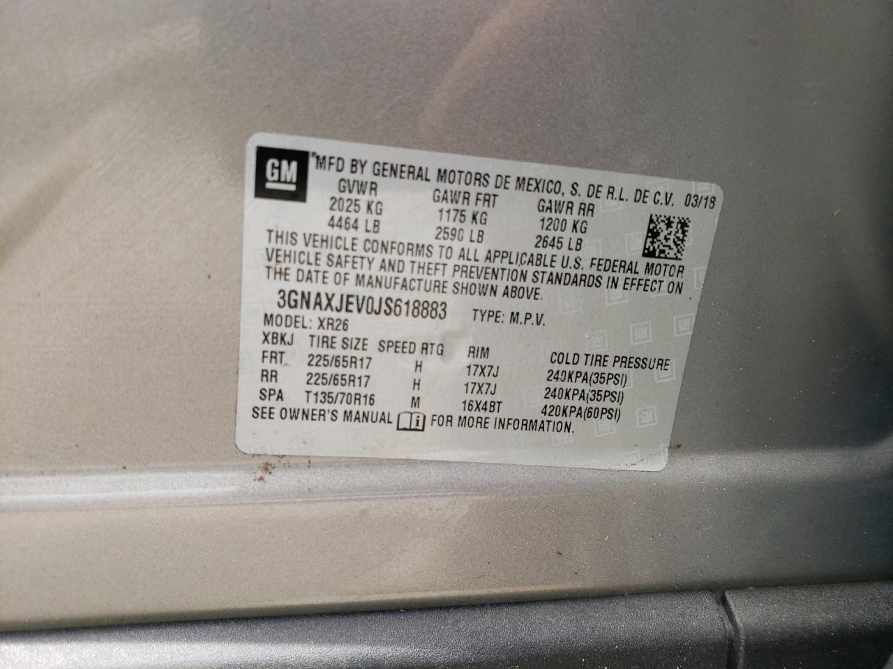 Photo 10 from auction – 2018 CHEVROLET EQUINOX LT with VIN 3GNAXJEV0JS618883