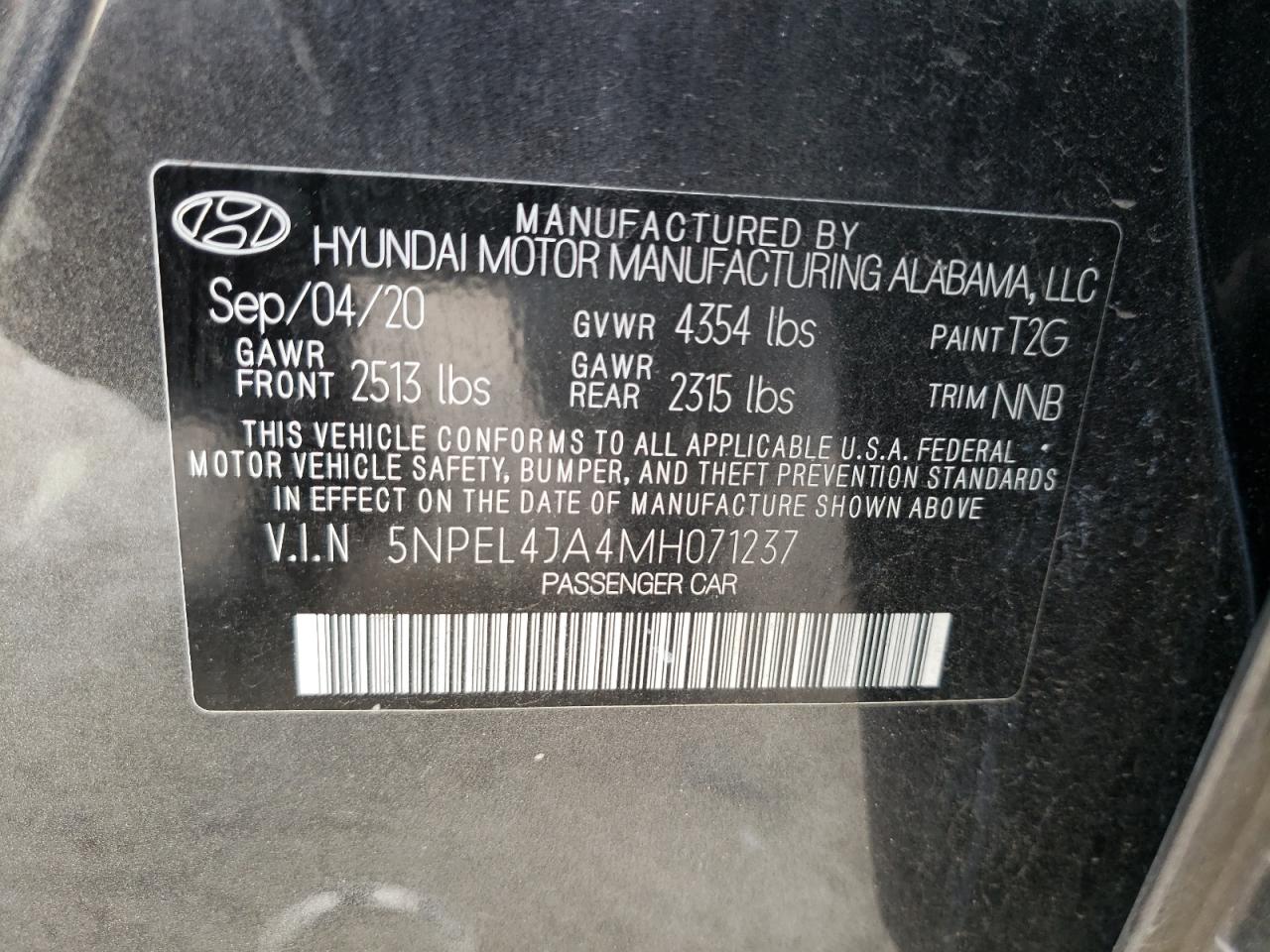 Photo 10 from auction – 2021 HYUNDAI SONATA SEL with VIN 5NPEL4JA4MH071237