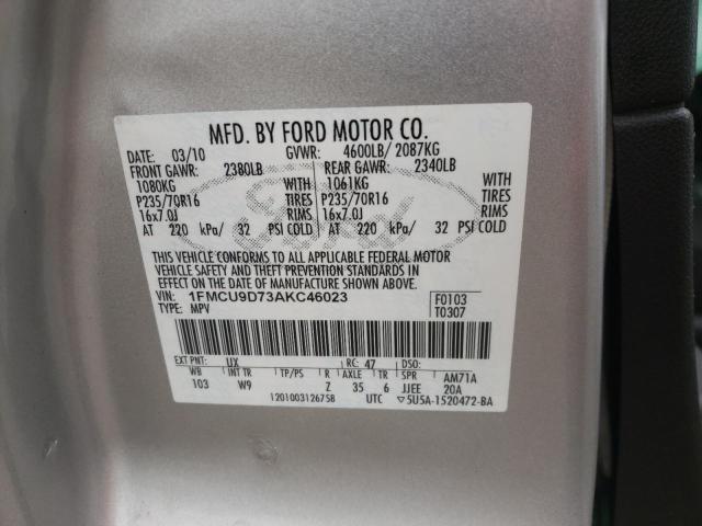 Photo 10 from auction – 2010 FORD ESCAPE XLT with VIN 1FMCU9D73AKC46023