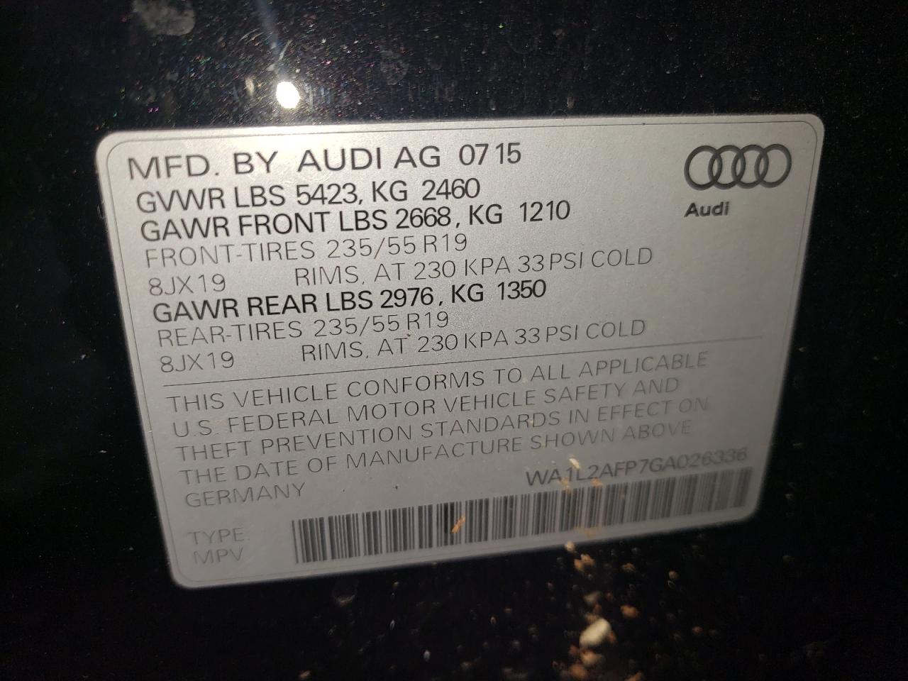 Photo 10 from auction – 2016 AUDI Q5 PREMIUM with VIN WA1L2AFP7GA026336