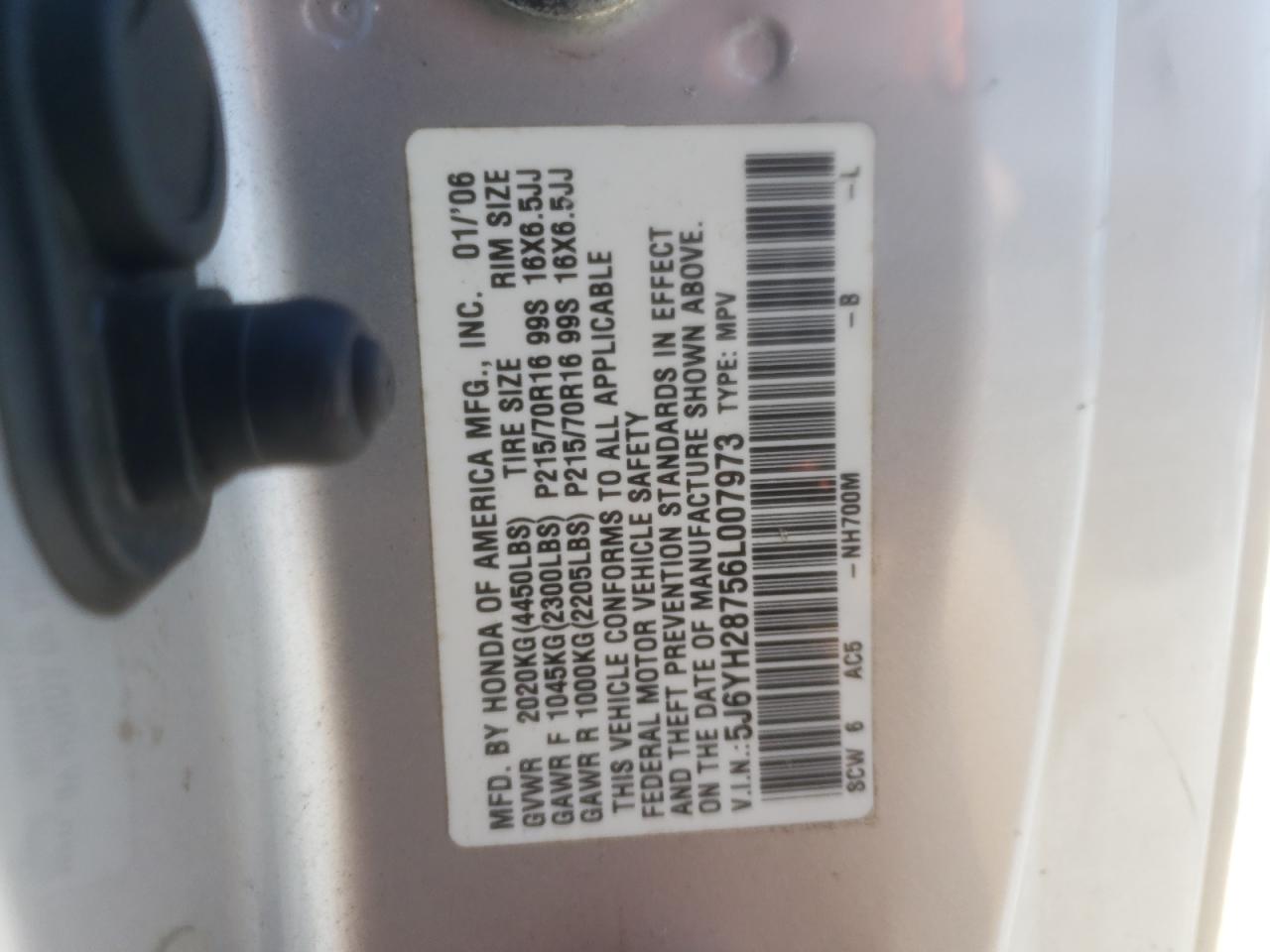 Photo 10 from auction – 2006 HONDA ELEMENT EX with VIN 5J6YH28756L007973