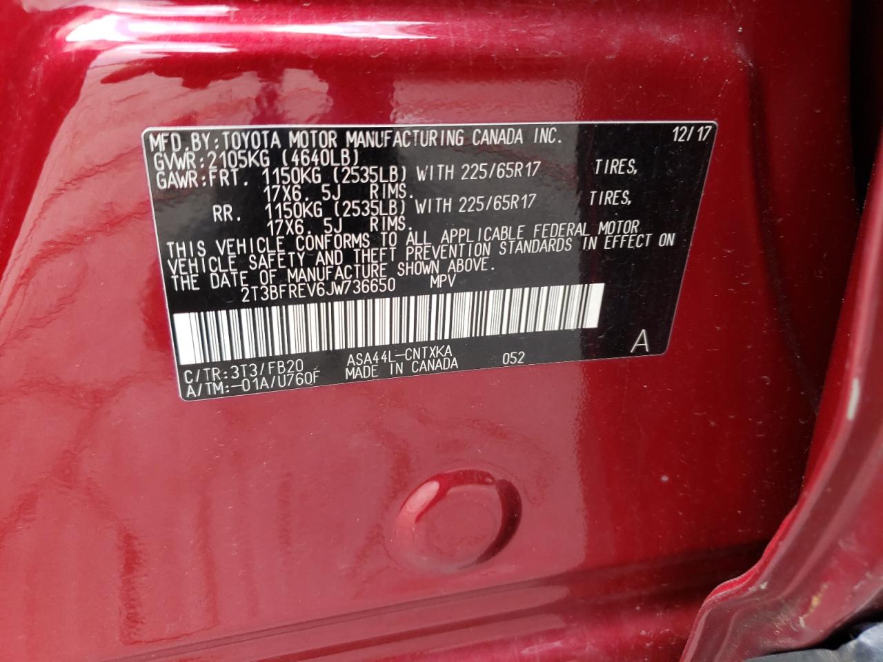 Photo 10 from auction – 2018 TOYOTA RAV4 LE with VIN 2T3BFREV6JW736650
