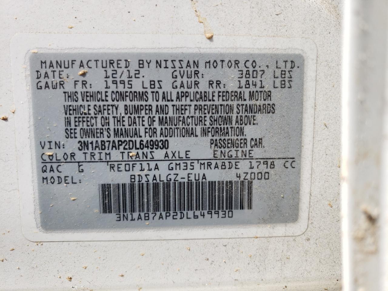 Photo 10 from auction – 2013 NISSAN SENTRA S with VIN 3N1AB7AP2DL649930