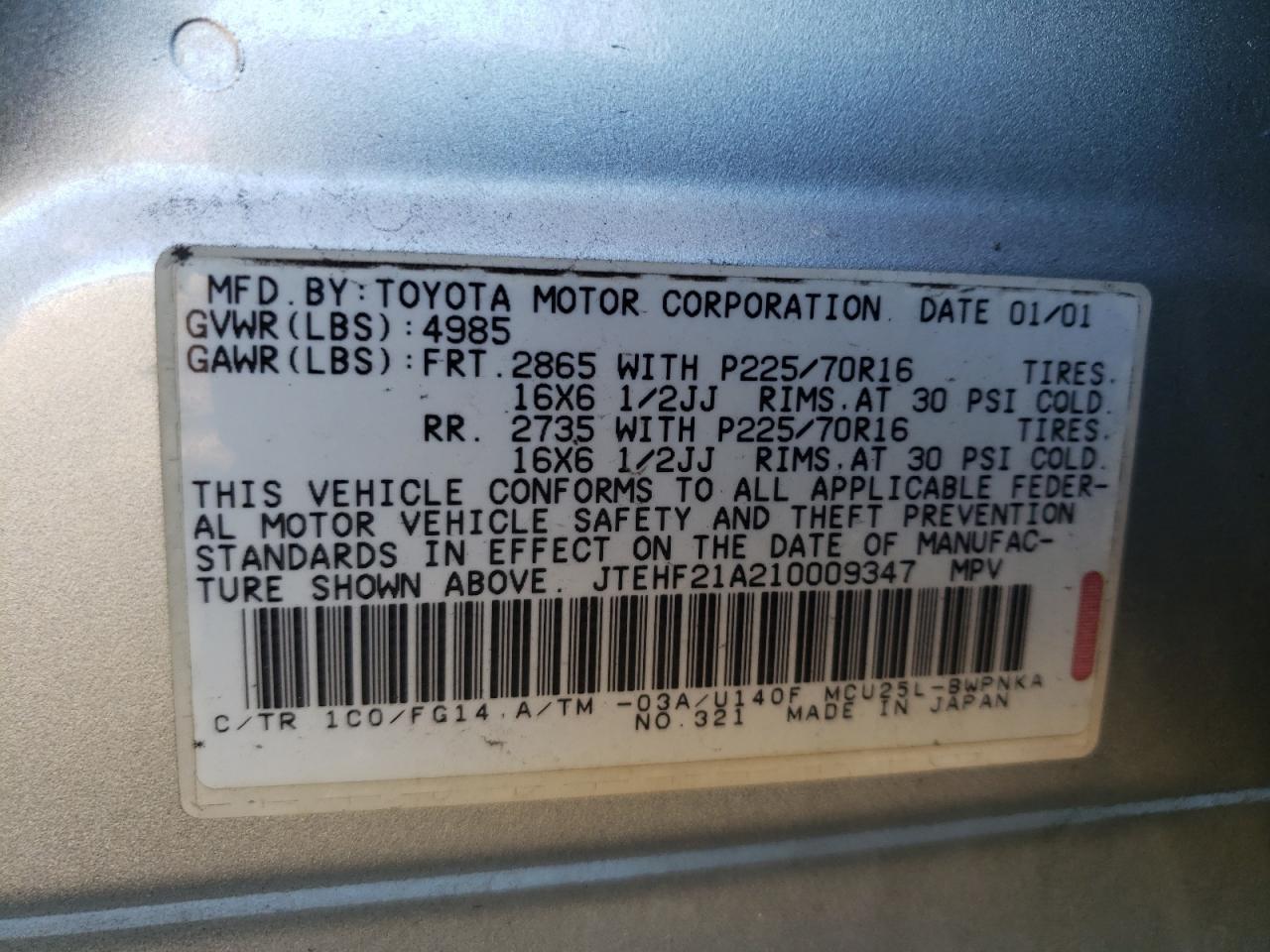 Photo 10 from auction – 2001 TOYOTA HIGHLANDER with VIN JTEHF21A210009347
