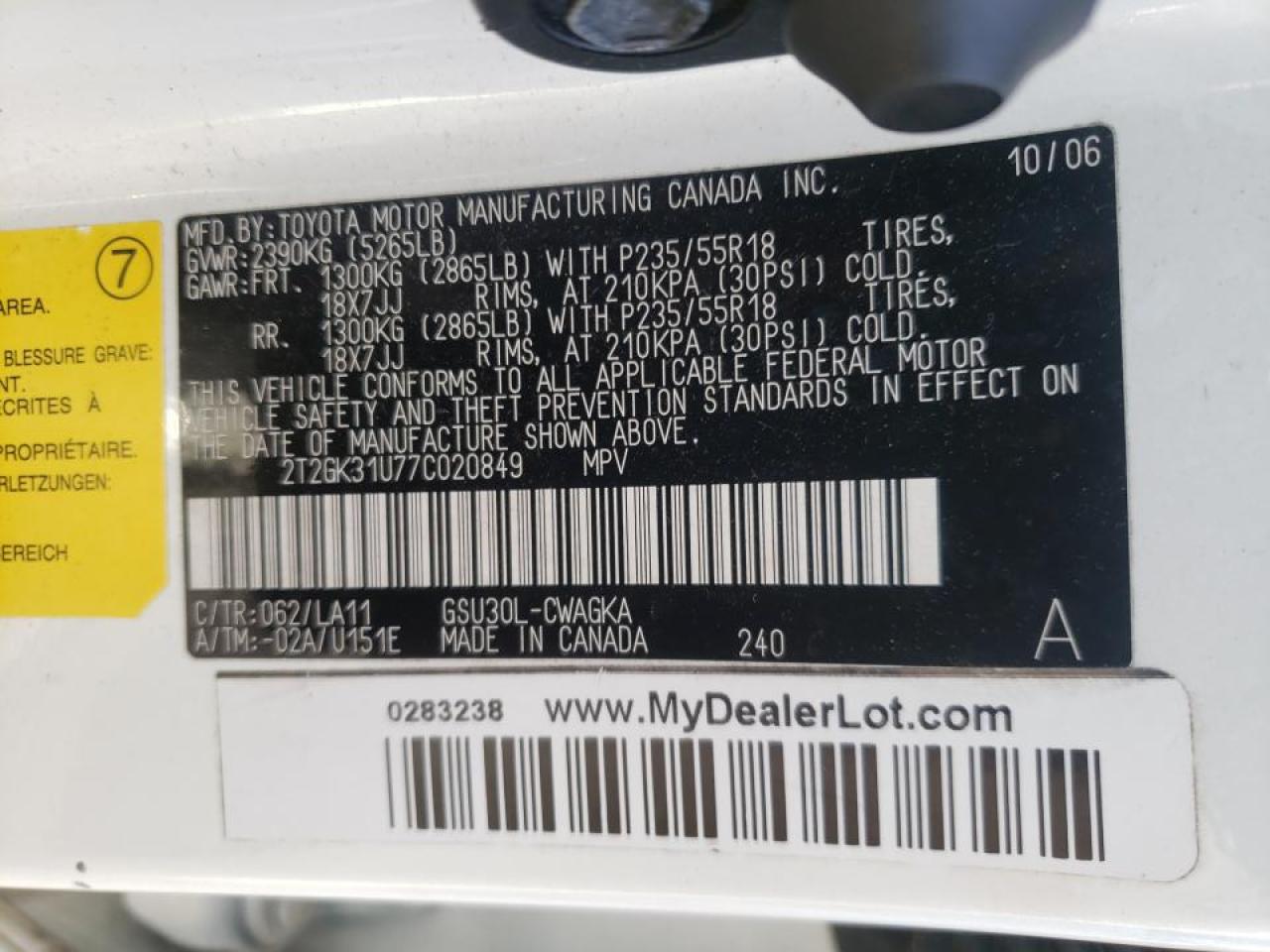 Photo 10 from auction – 2007 LEXUS RX350 with VIN 2T2GK31U77C020849