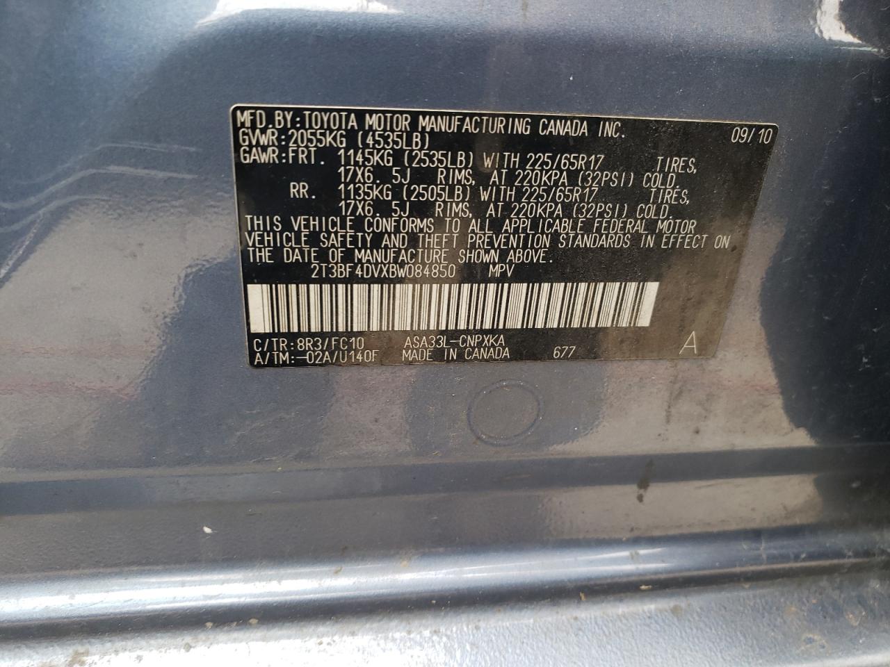 Photo 10 from auction – 2011 TOYOTA RAV4 with VIN 2T3BF4DVXBW084850