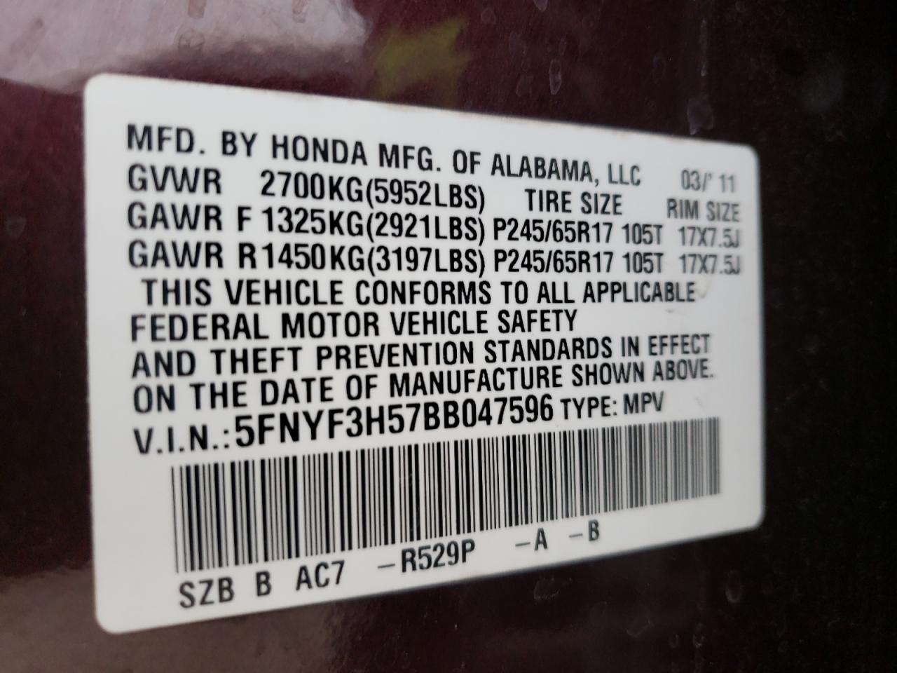 Photo 10 from auction – 2011 HONDA PILOT EXL with VIN 5FNYF3H57BB047596