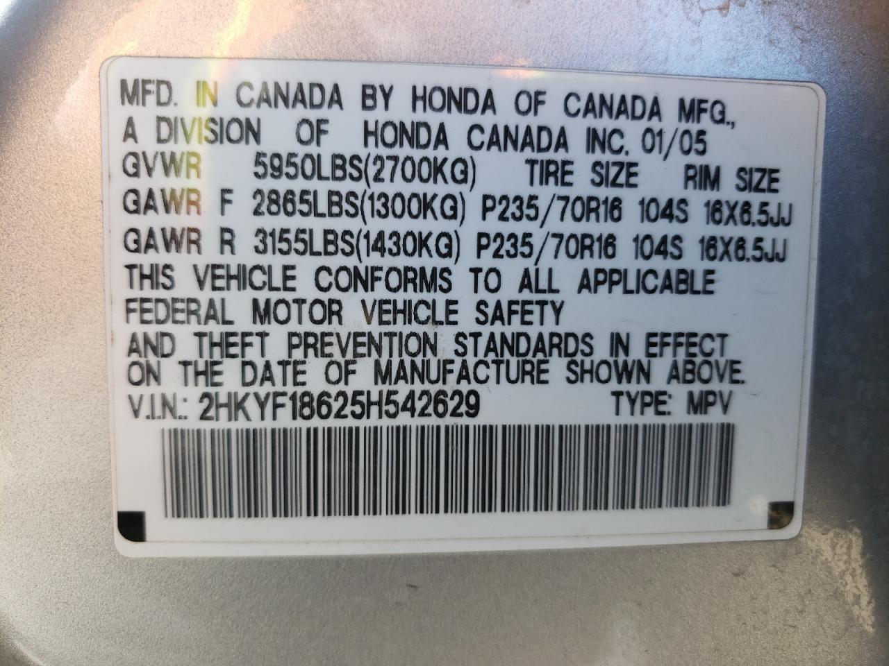 Photo 10 from auction – 2005 HONDA PILOT EXL with VIN 2HKYF18625H542629