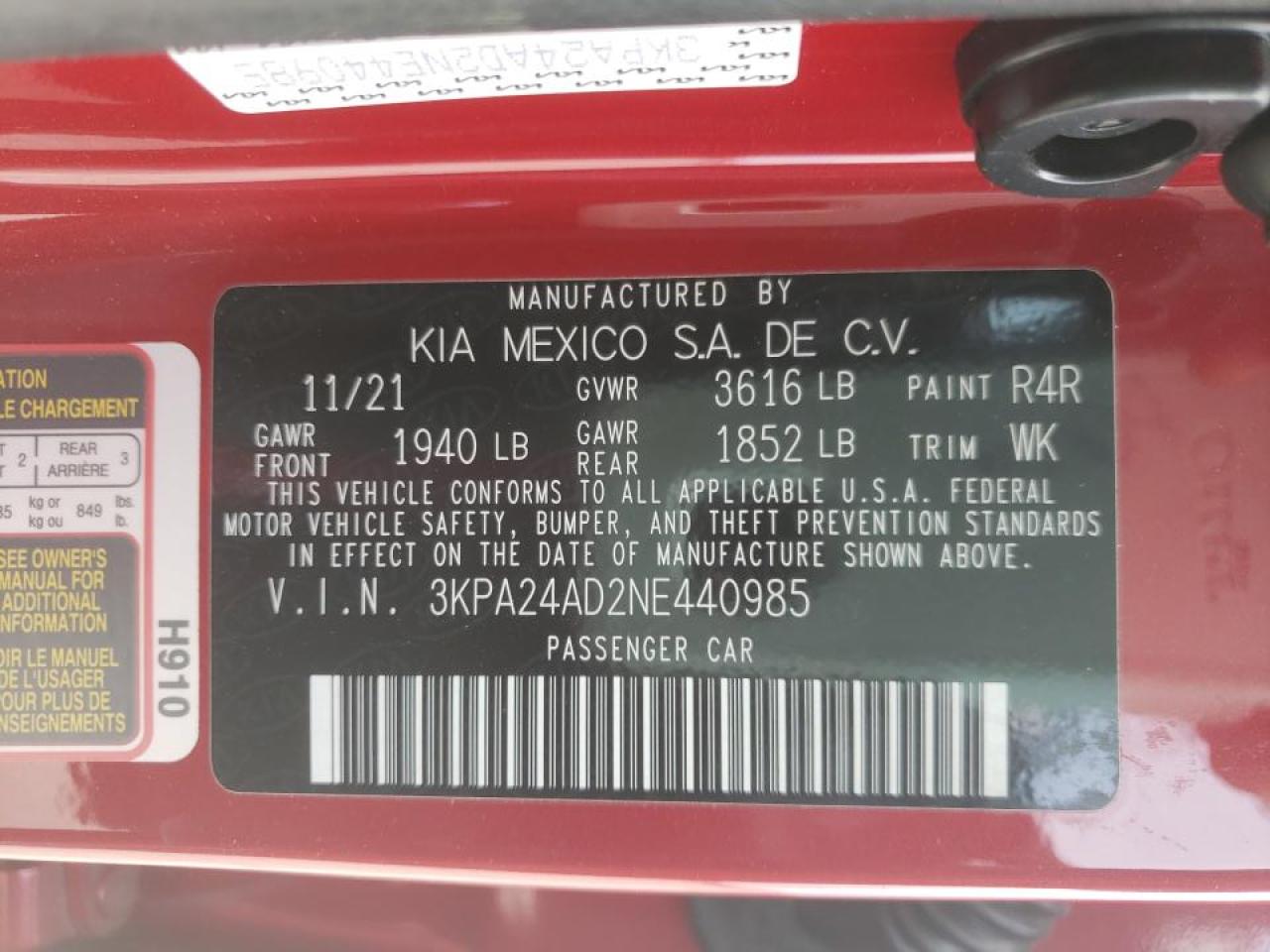 Photo 10 from auction – 2022 KIA RIO with VIN 3KPA24AD2NE440985