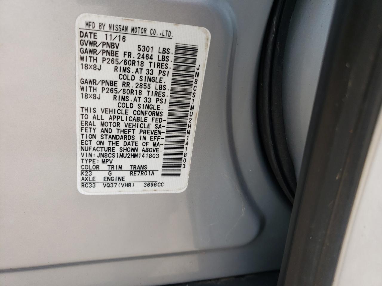 Photo 10 from auction – 2017 INFINITI QX70 with VIN JN8CS1MU2HM141803
