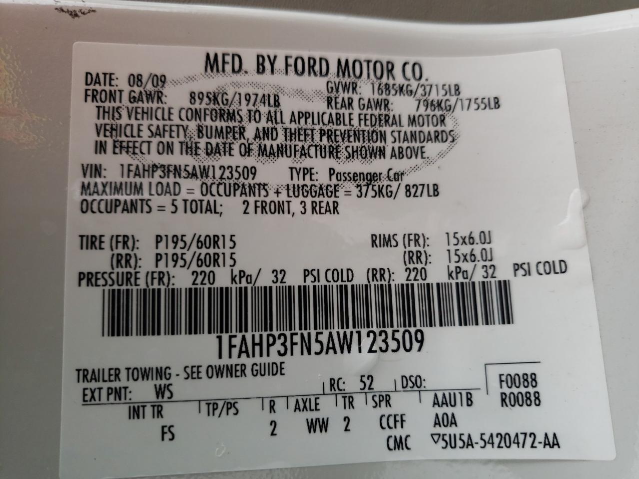 Photo 10 from auction – 2010 FORD FOCUS SE with VIN 1FAHP3FN5AW123509