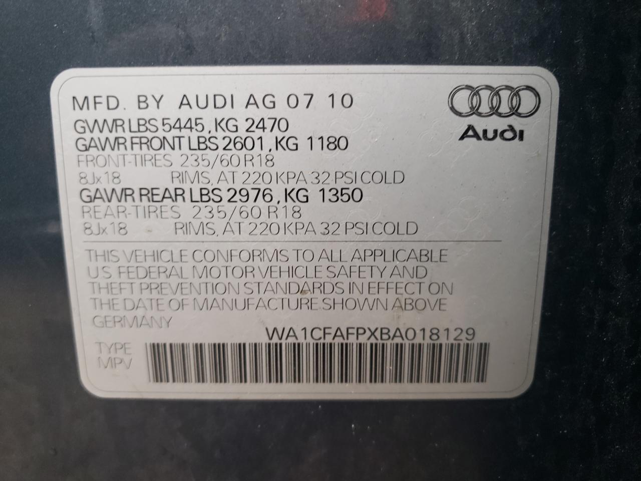 Photo 10 from auction – 2011 AUDI Q5 PREMIUM with VIN WA1CFAFPXBA018129
