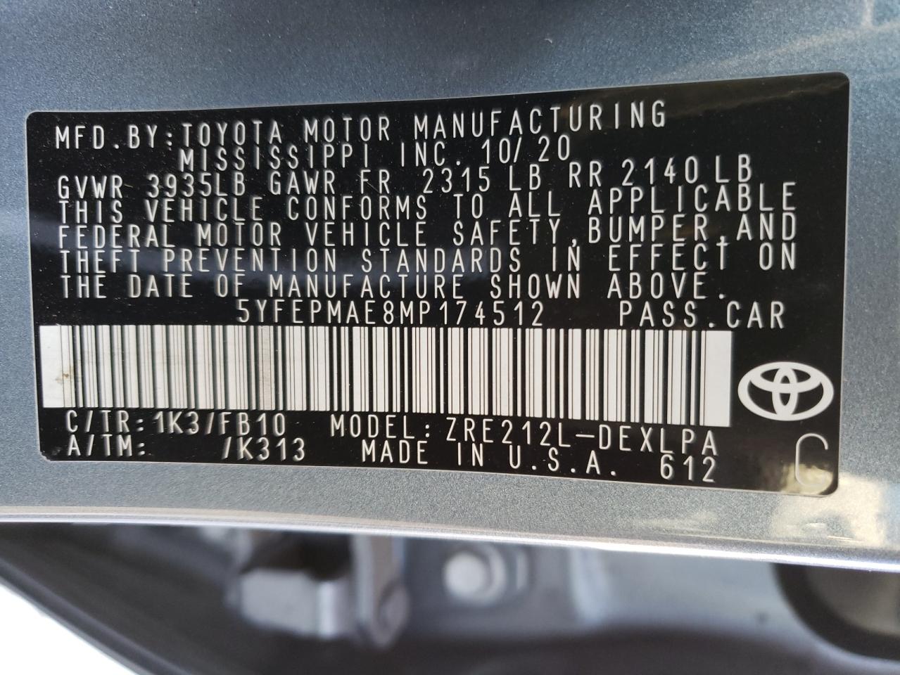 Photo 10 from auction – 2021 TOYOTA COROLLA LE with VIN 5YFEPMAE8MP174512