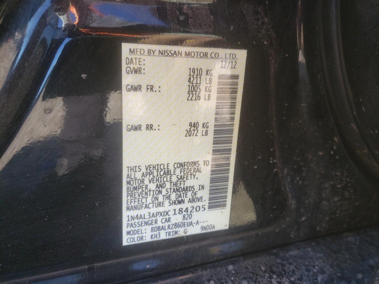 Photo 10 from auction – 2013 NISSAN ALTIMA 2.5 with VIN 1N4AL3APXDC184205