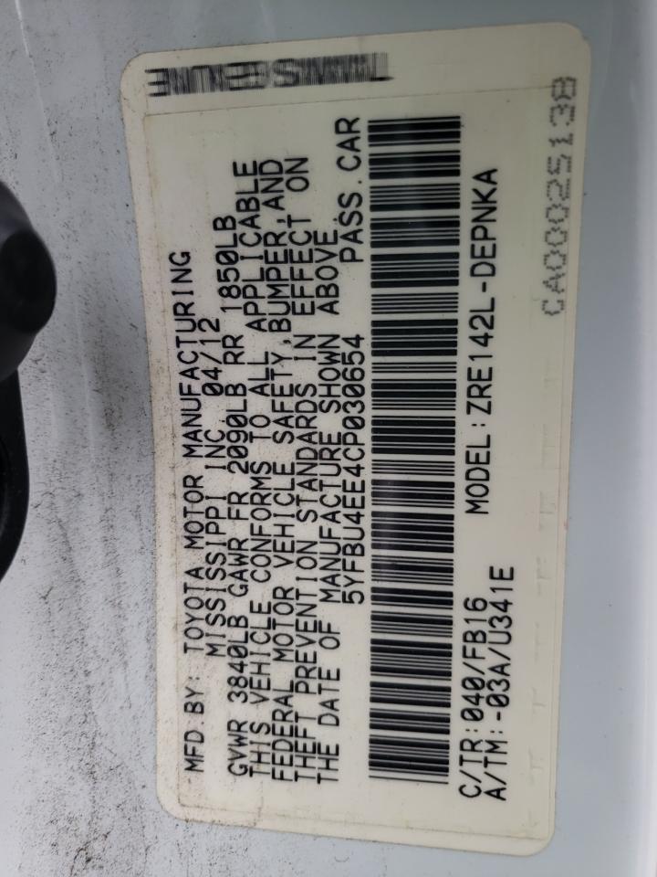 Photo 10 from auction – 2012 TOYOTA COROLLA BA with VIN 5YFBU4EE4CP030654