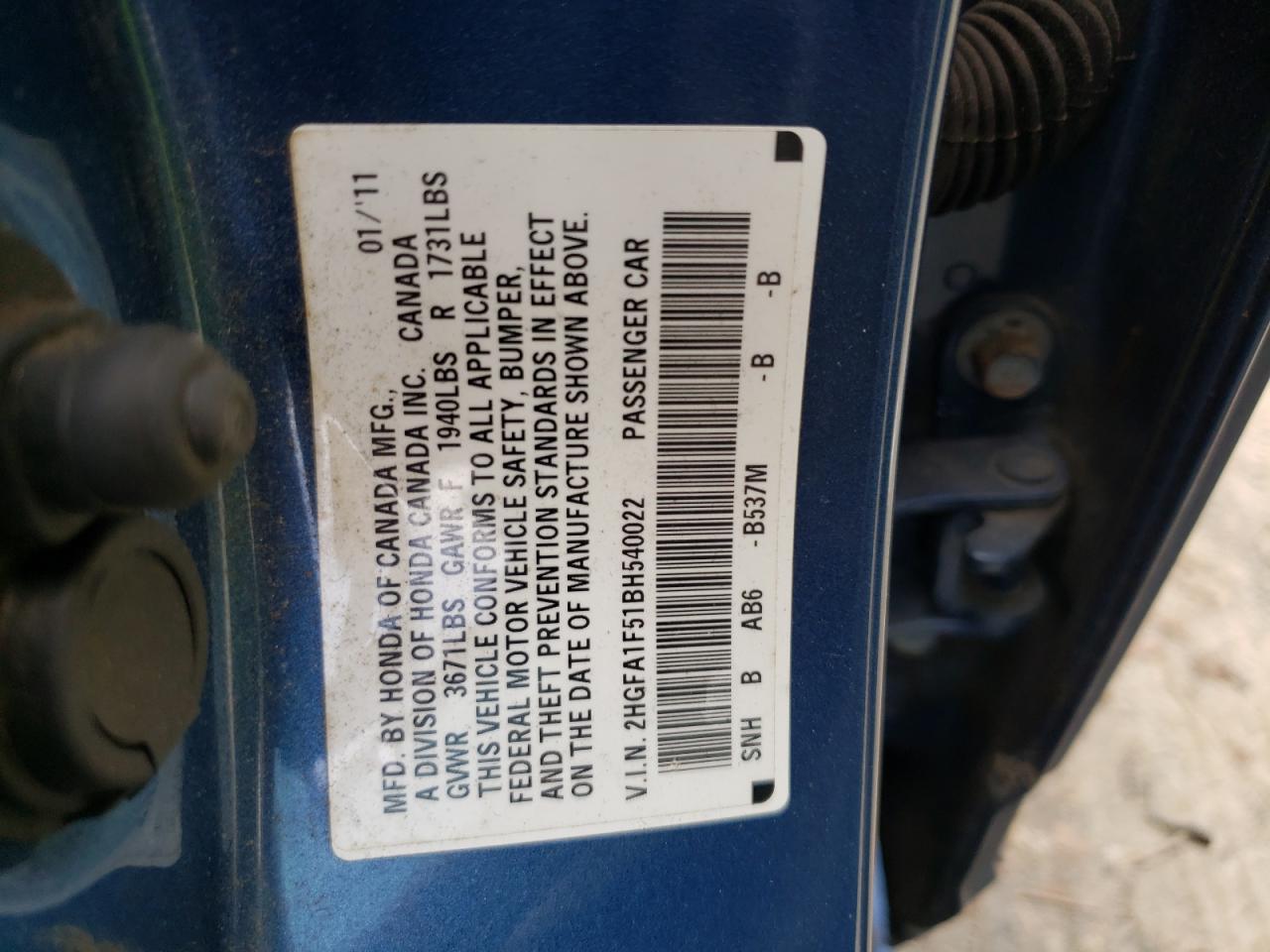 Photo 10 from auction – 2011 HONDA CIVIC LX with VIN 2HGFA1F51BH540022