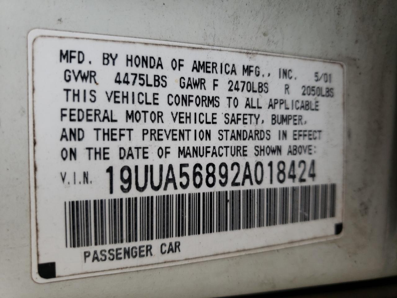 Photo 10 from auction – 2002 ACURA 3.2TL TYPE with VIN 19UUA56892A018424