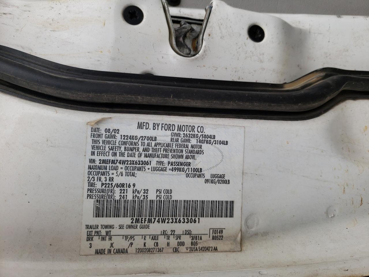 Photo 10 from auction – 2003 MERCURY GRAND MARQ with VIN 2MEFM74W23X633061