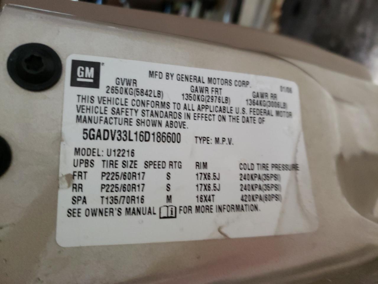 Photo 10 from auction – 2006 BUICK TERRAZA CX with VIN 5GADV33L16D186600