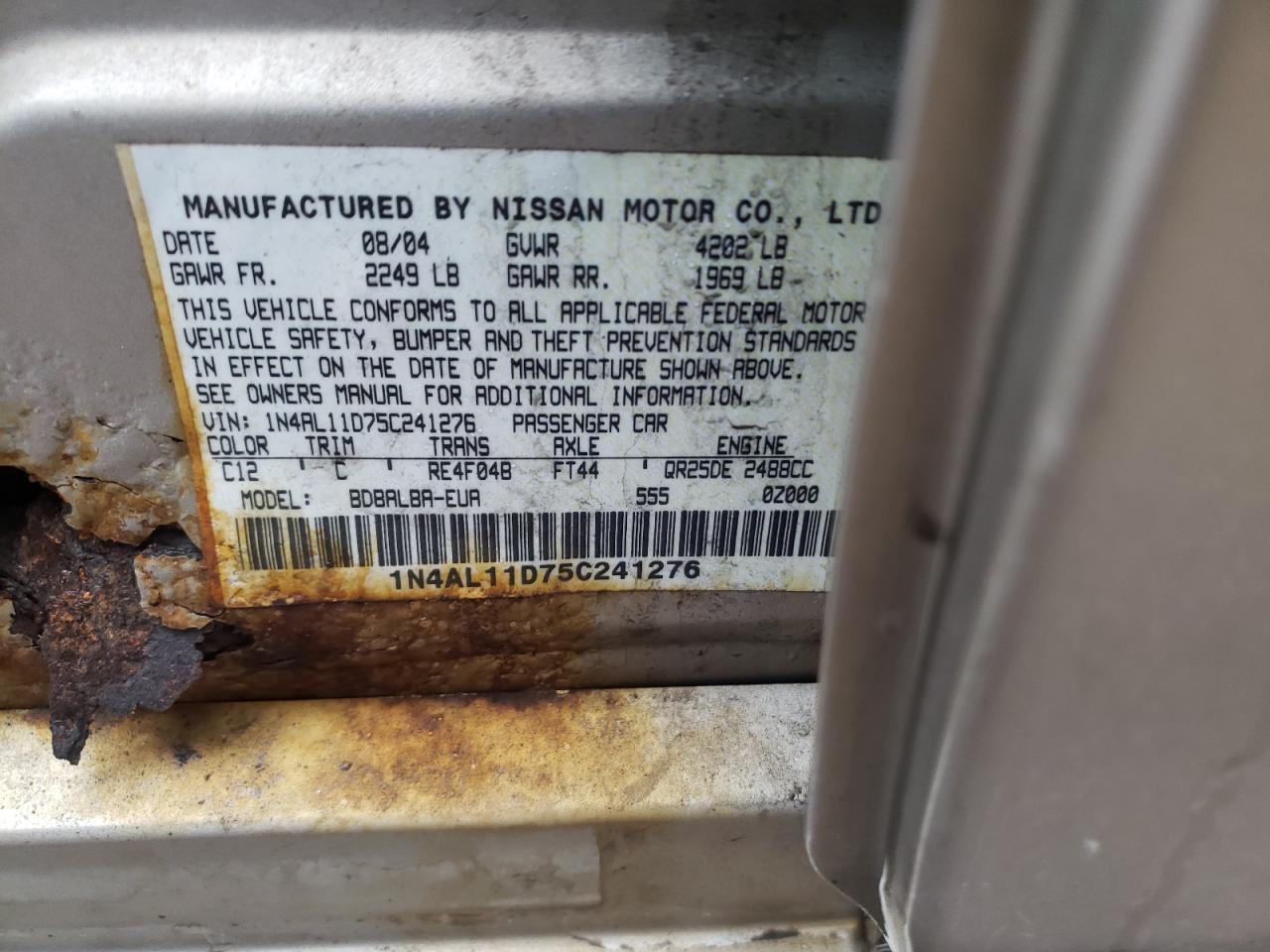 Photo 10 from auction – 2005 NISSAN ALTIMA S with VIN 1N4AL11D75C241276