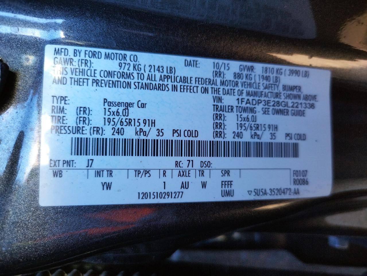 Photo 10 from auction – 2016 FORD FOCUS S with VIN 1FADP3E28GL221336
