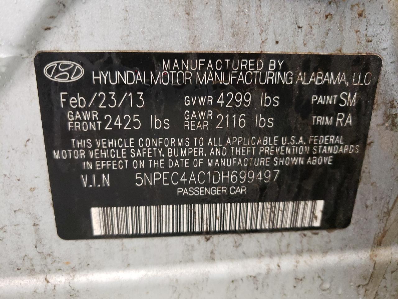 Photo 10 from auction – 2013 HYUNDAI SONATA SE with VIN 5NPEC4AC1DH699497