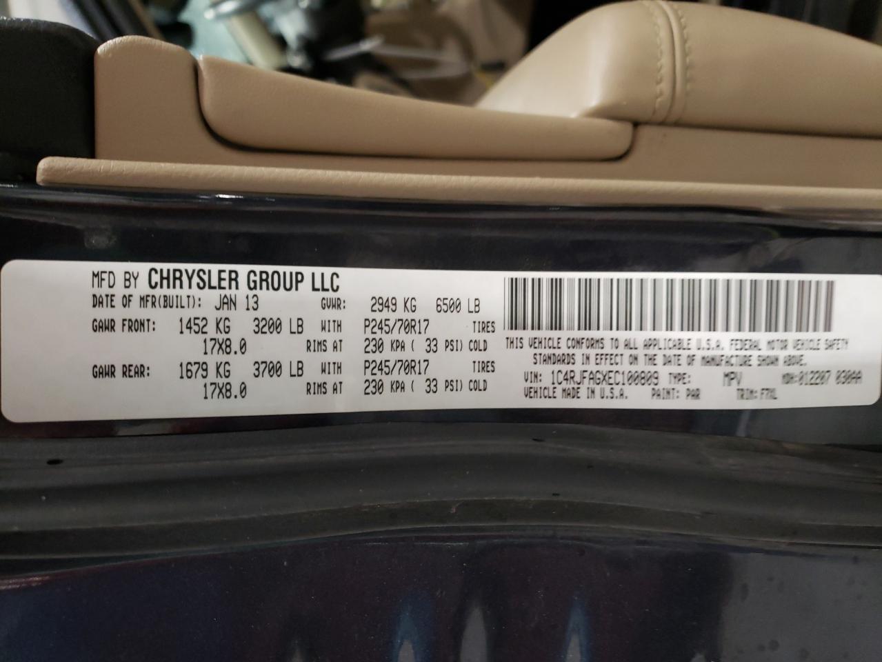 Photo 10 from auction – 2014 JEEP GRAND CHER with VIN 1C4RJFAGXEC100809