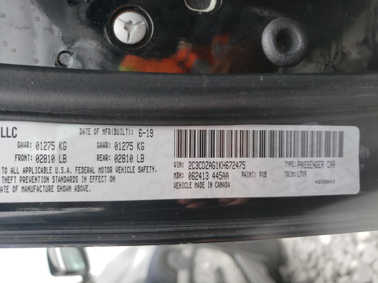 Photo 10 from auction – 2019 DODGE CHALLENGER with VIN 2C3CDZAG1KH672475