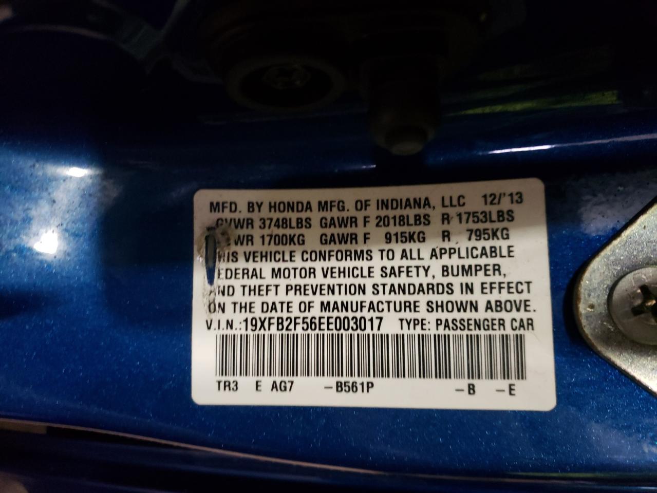Photo 10 from auction – 2014 HONDA CIVIC with VIN 19XFB2F56EE003017