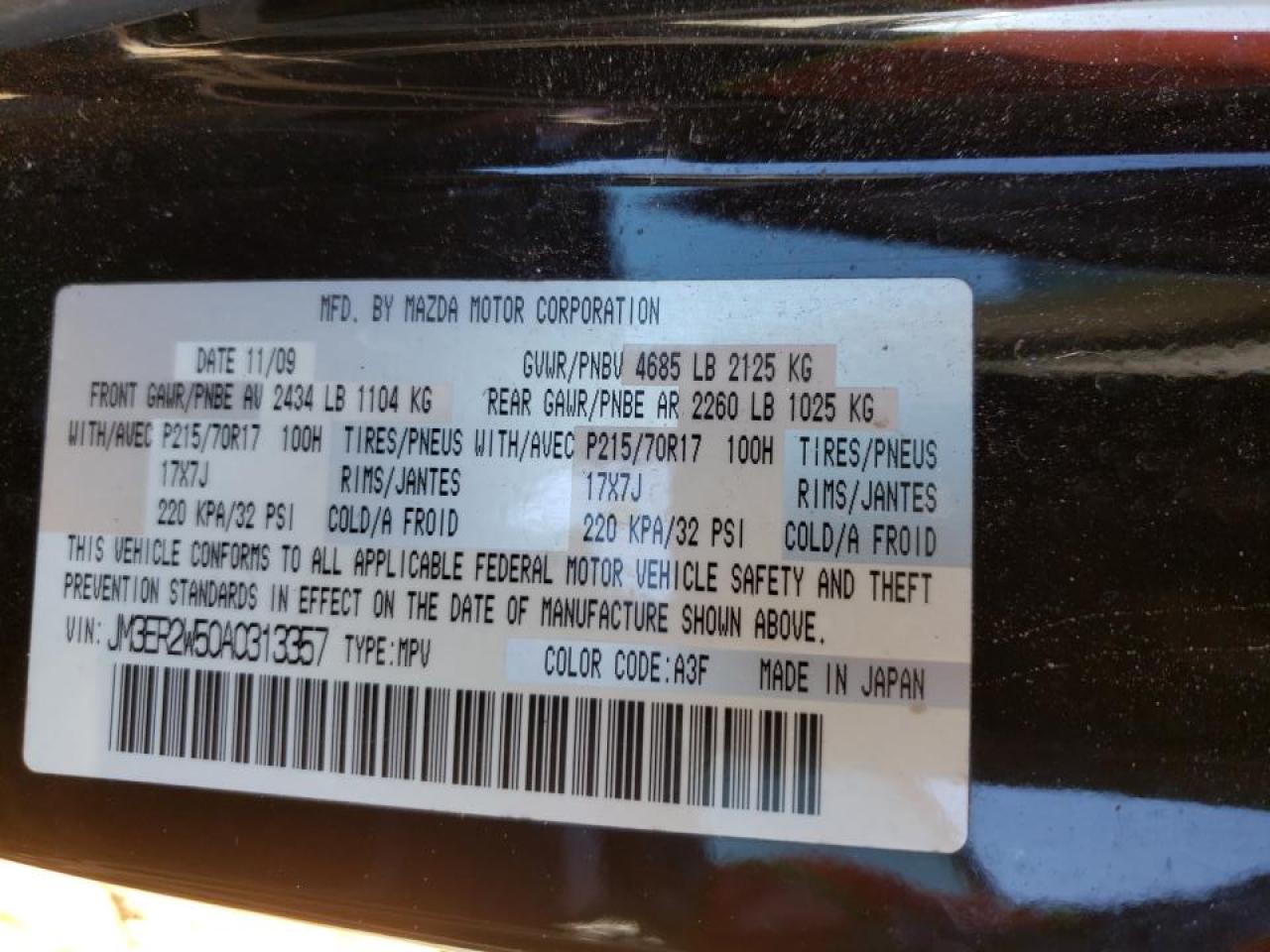 Photo 10 from auction – 2010 MAZDA CX-7 with VIN JM3ER2W50A0313357