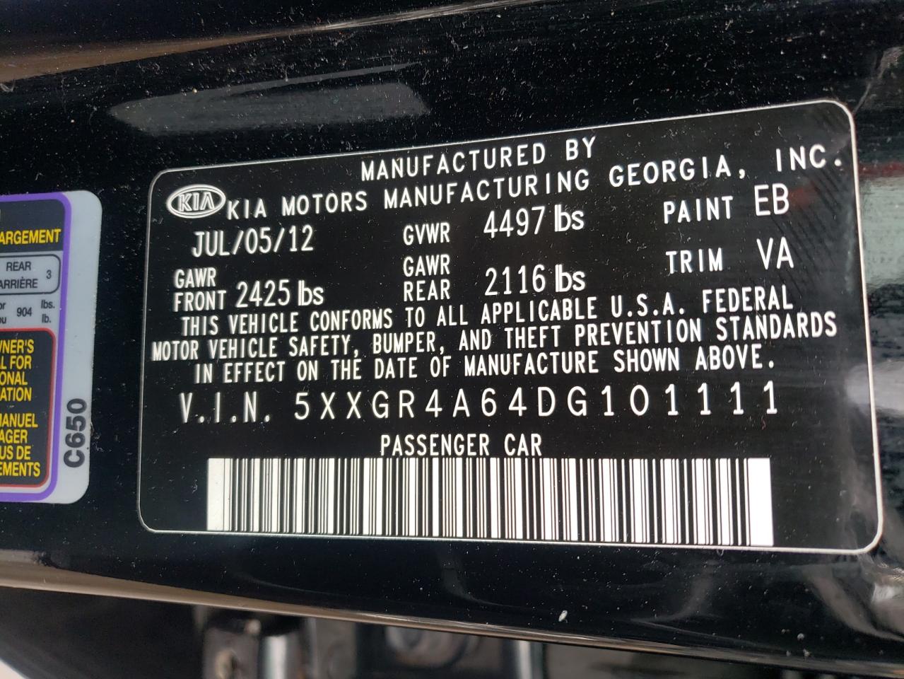Photo 10 from auction – 2013 KIA OPTIMA SX with VIN 5XXGR4A64DG101111