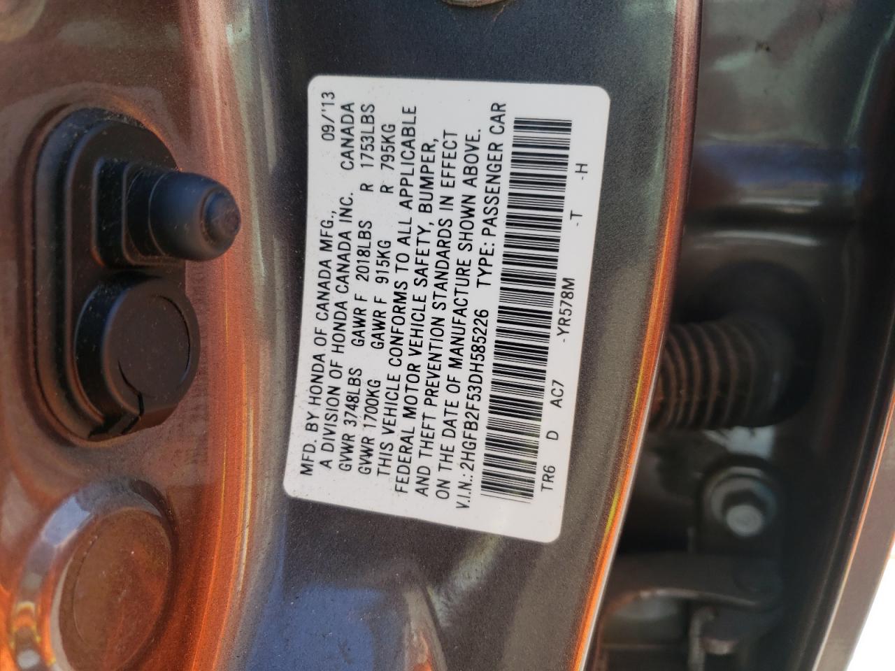 Photo 10 from auction – 2013 HONDA CIVIC LX with VIN 2HGFB2F53DH585226