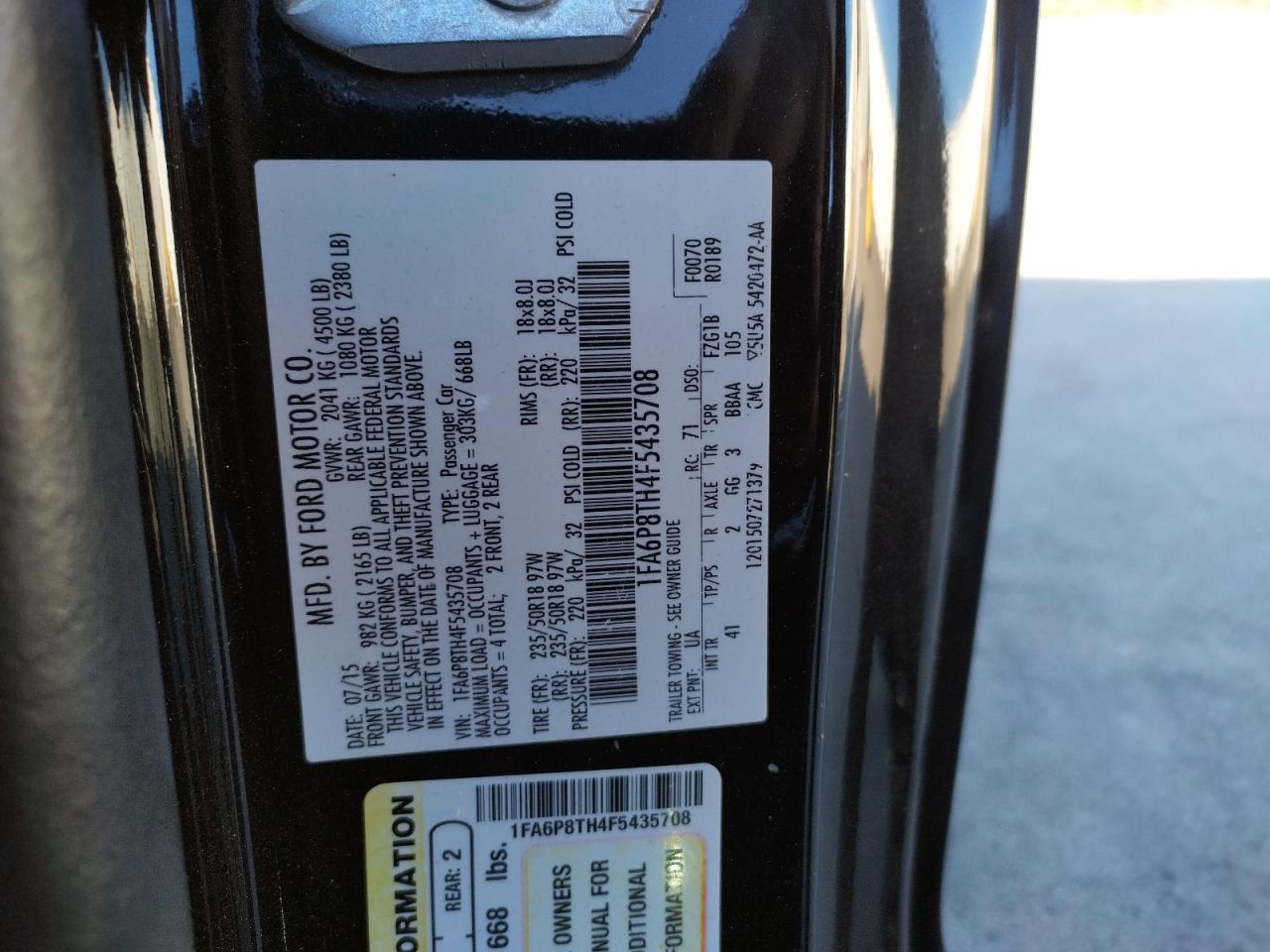 Photo 10 from auction – 2015 FORD MUSTANG with VIN 1FA6P8TH4F5435708