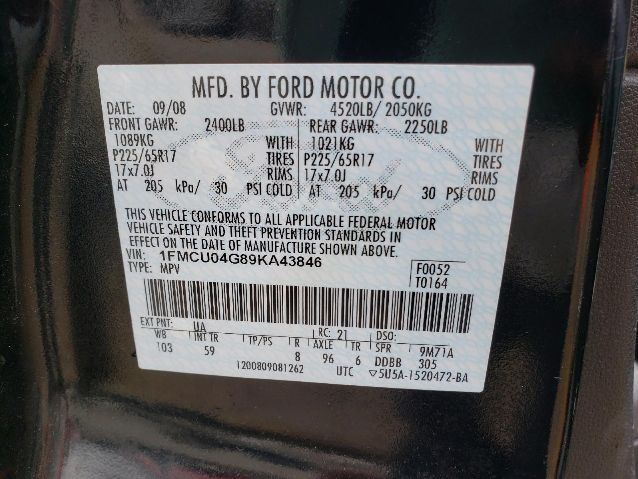 Photo 10 from auction – 2009 FORD ESCAPE LIM with VIN 1FMCU04G89KA43846