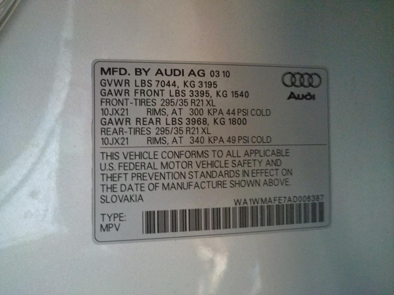 Photo 10 from auction – 2010 AUDI Q7 PRESTIG with VIN WA1WMAFE7AD006387