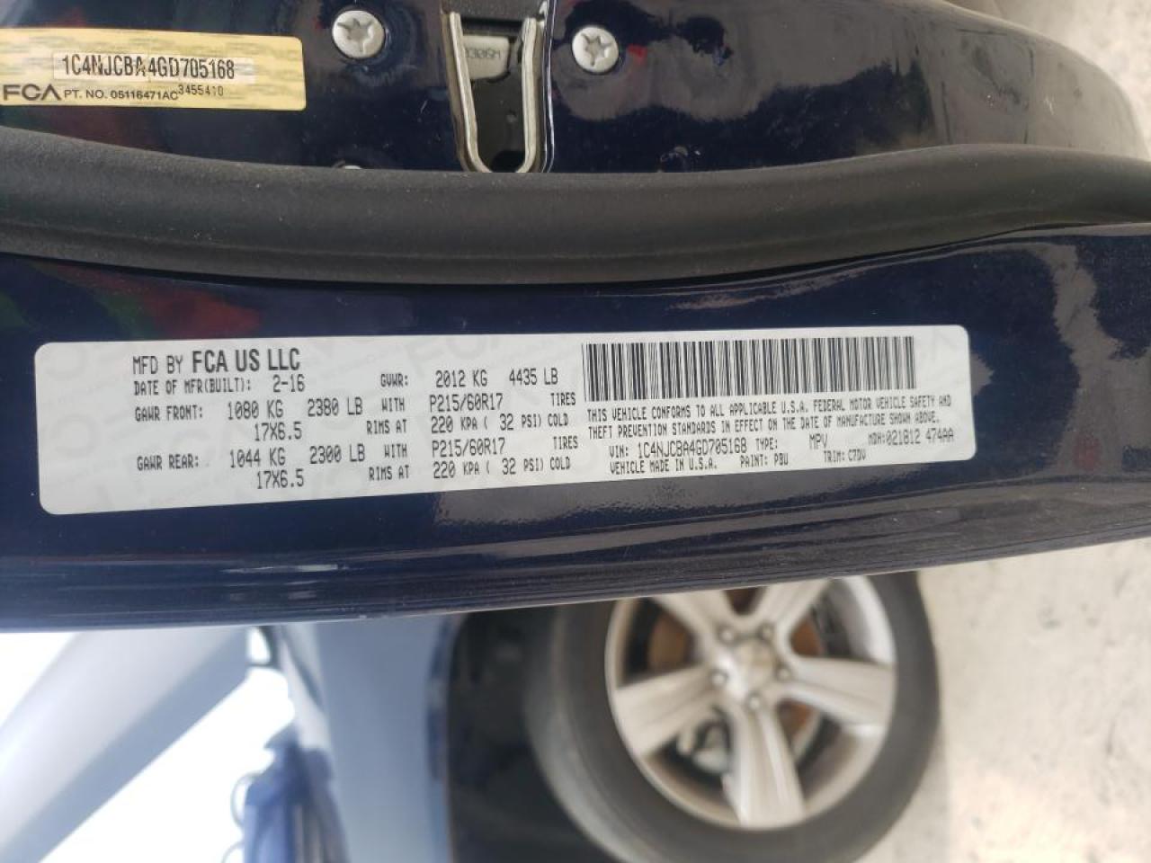 Photo 10 from auction – 2016 JEEP COMPASS SP with VIN 1C4NJCBA4GD705168