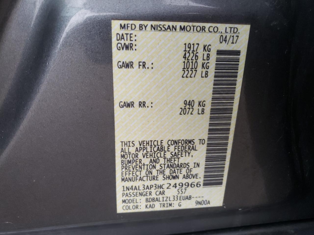 Photo 10 from auction – 2017 NISSAN ALTIMA 2.5 with VIN 1N4AL3AP3HC249966