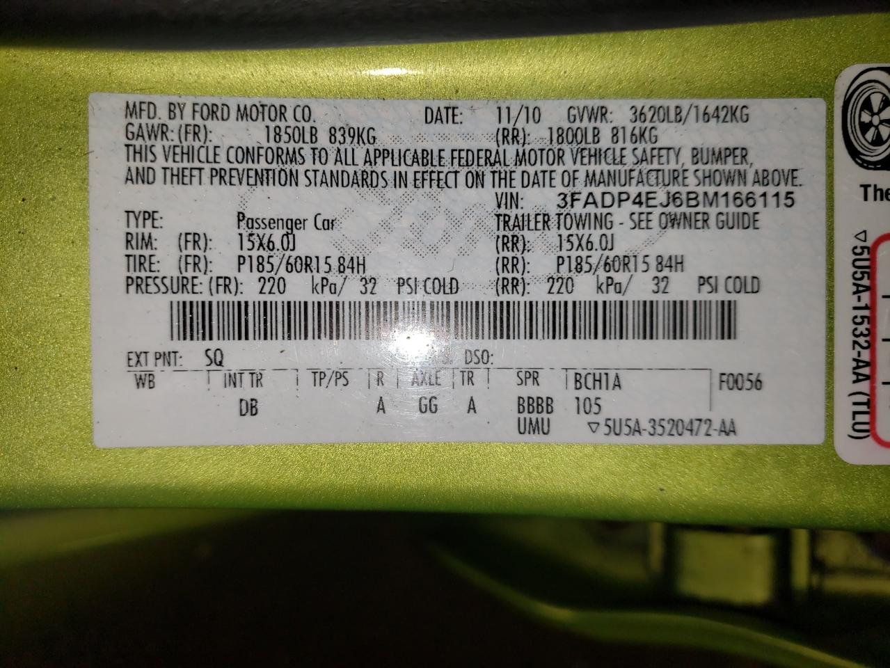 Photo 10 from auction – 2011 FORD FIESTA SE with VIN 3FADP4EJ6BM166115
