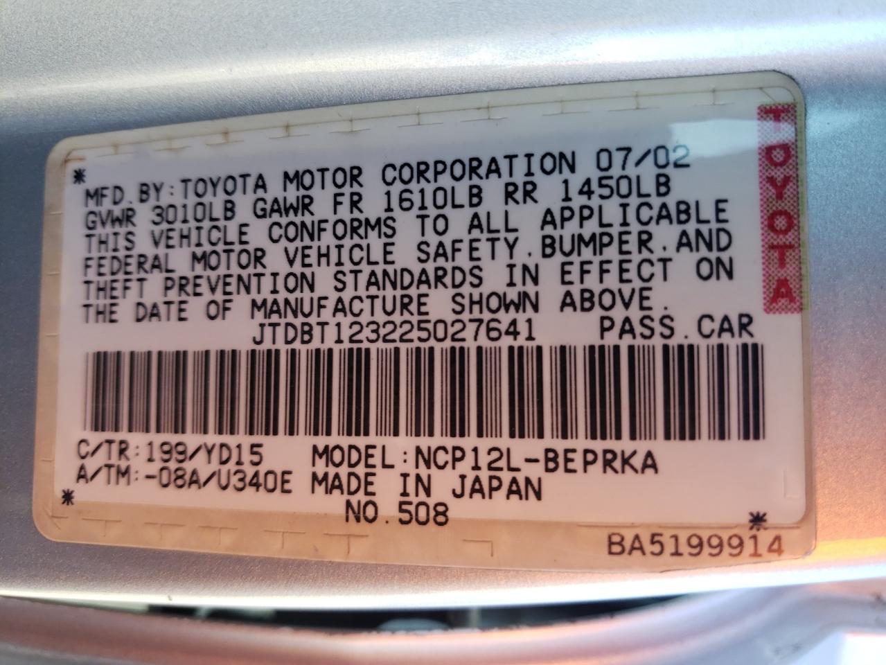 Photo 10 from auction – 2002 TOYOTA ECHO with VIN JTDBT123225027641