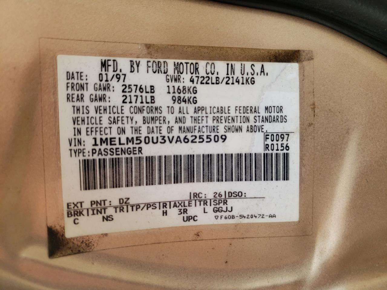 Photo 10 from auction – 1997 MERCURY SABLE GS with VIN 1MELM50U3VA625509