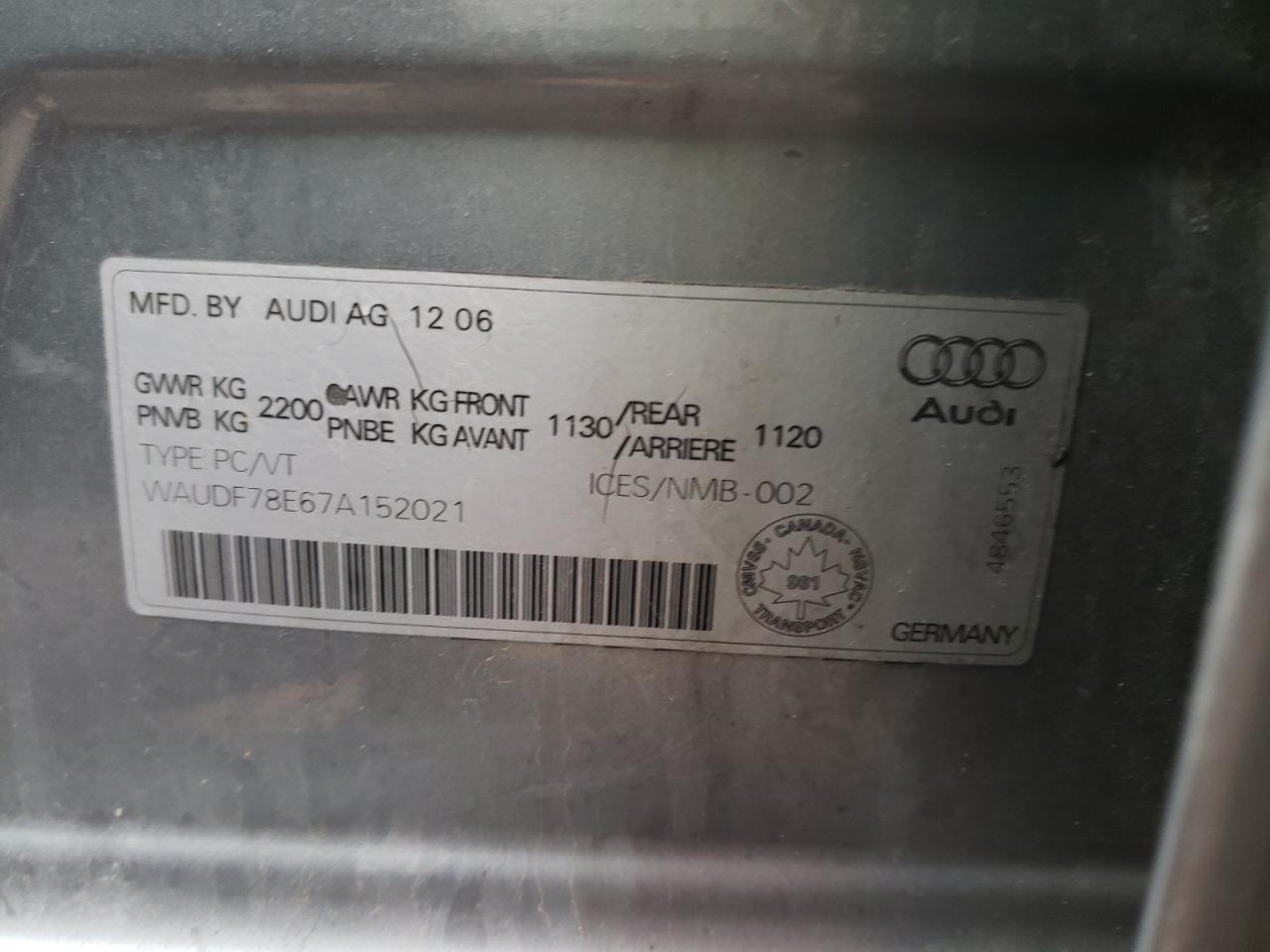 Zdjęcie 10 z aukcji – 2007 AUDI A4 2.0T QU z VIN WAUDF78E67A152021