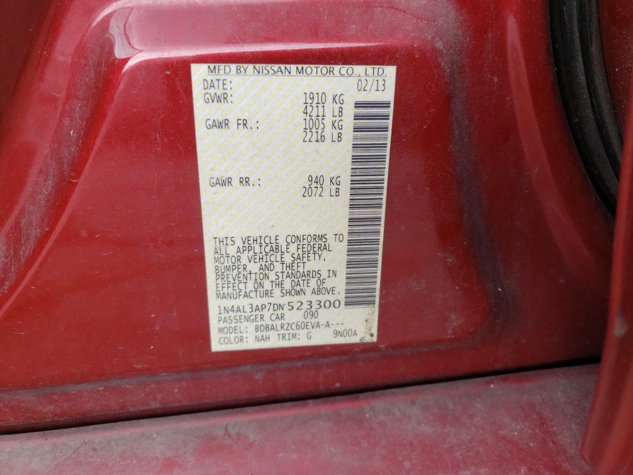 Photo 10 from auction – 2013 NISSAN ALTIMA 2.5 with VIN 1N4AL3AP7DN523300