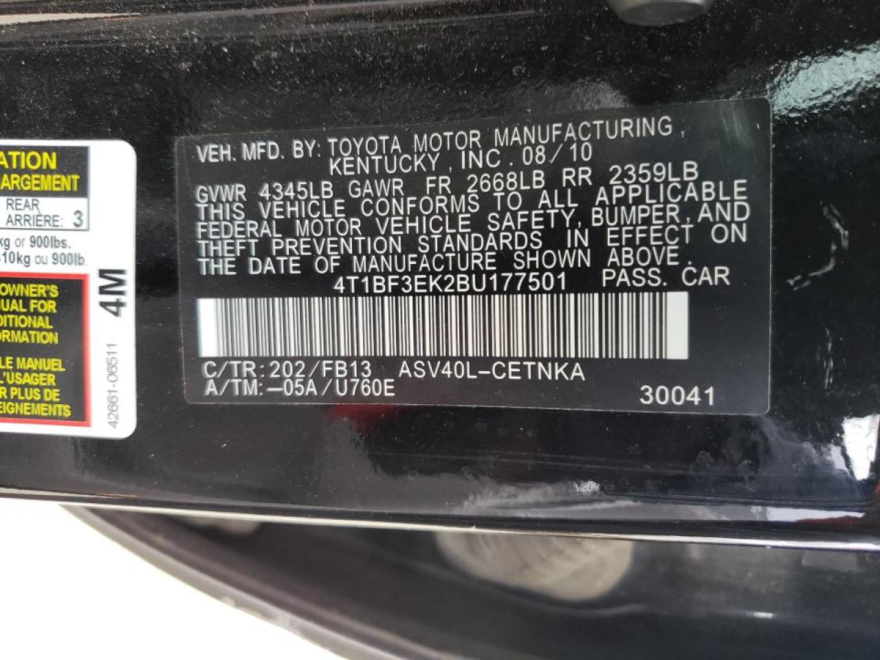 صورة رقم 10 من المزاد - 2011 TOYOTA CAMRY BASE مع VIN 4T1BF3EK2BU177501