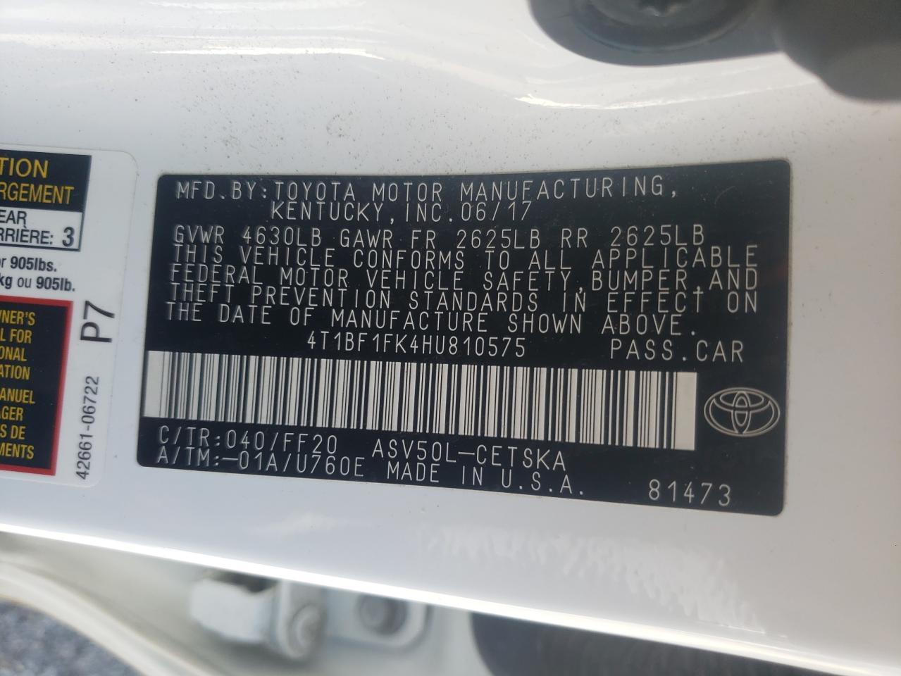 Photo 10 from auction – 2017 TOYOTA CAMRY LE with VIN 4T1BF1FK4HU810575