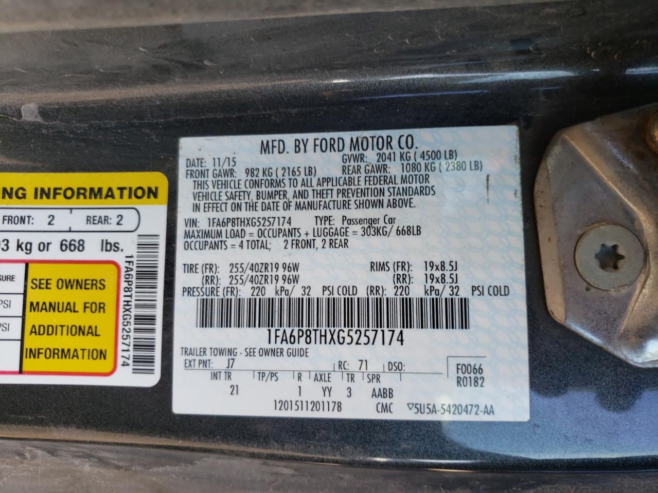 Photo 10 from auction – 2016 FORD MUSTANG with VIN 1FA6P8THXG5257174
