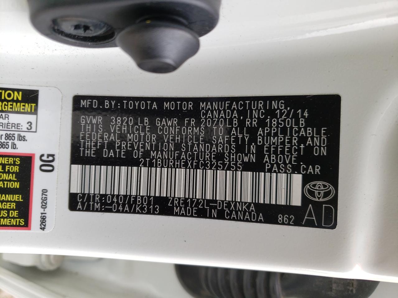Photo 10 from auction – 2015 TOYOTA COROLLA L with VIN 2T1BURHEXFC325755